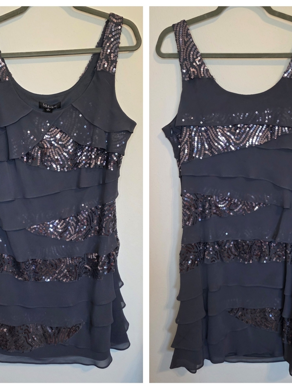 S.L. Fashions Charcoal Gray Sequin Tiered Mini Dress